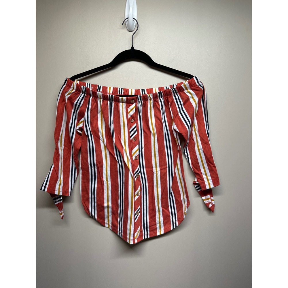 Rue 21 Striped Off Shoulder Button Front Tie Sleeve Top Women's Small Multicolor